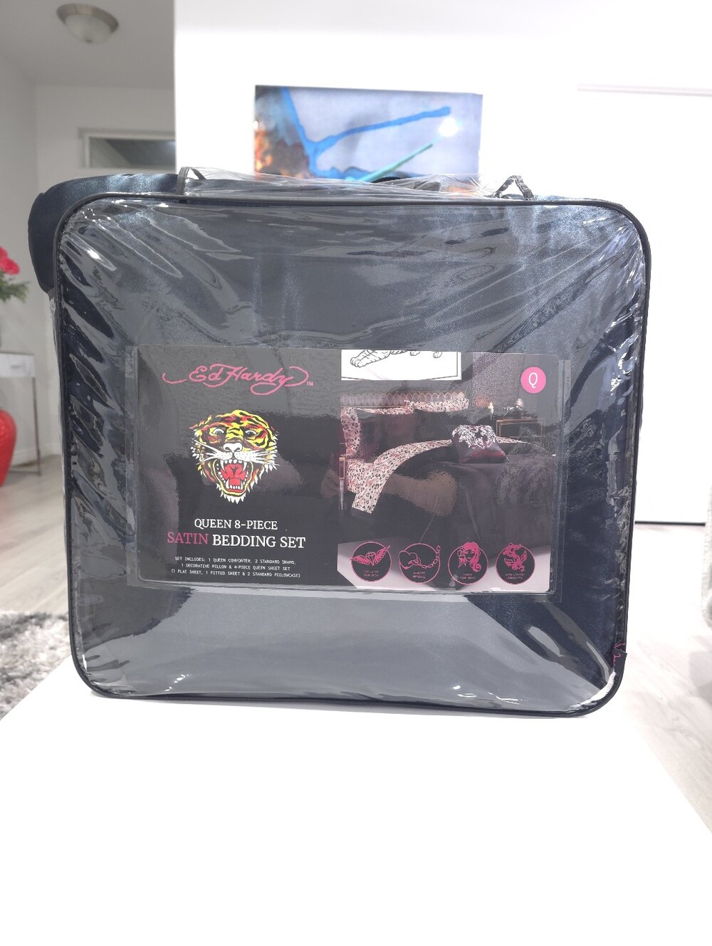 Ed Hardy Queen 8 Piece Black Satin Comforter Bedding Set